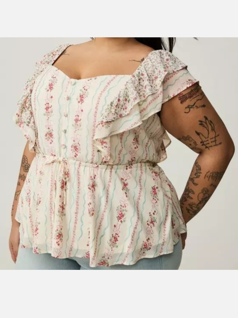 Torrid Ruffle Cinched Blouse Floral Off White & Pink Size 2 Like New